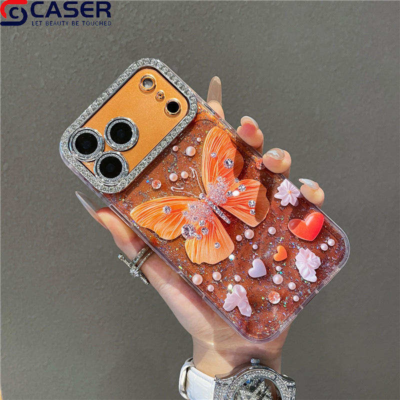 Sparkling Pearl Butterfly Diamond Case with Camera Lens Frame for iPhone