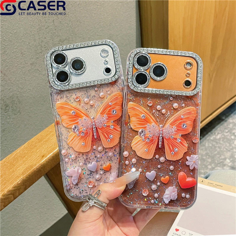 Sparkling Pearl Butterfly Diamond Case with Camera Lens Frame for iPhone