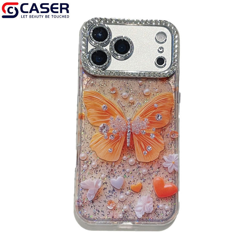 Sparkling Pearl Butterfly Diamond Case with Camera Lens Frame for iPhone