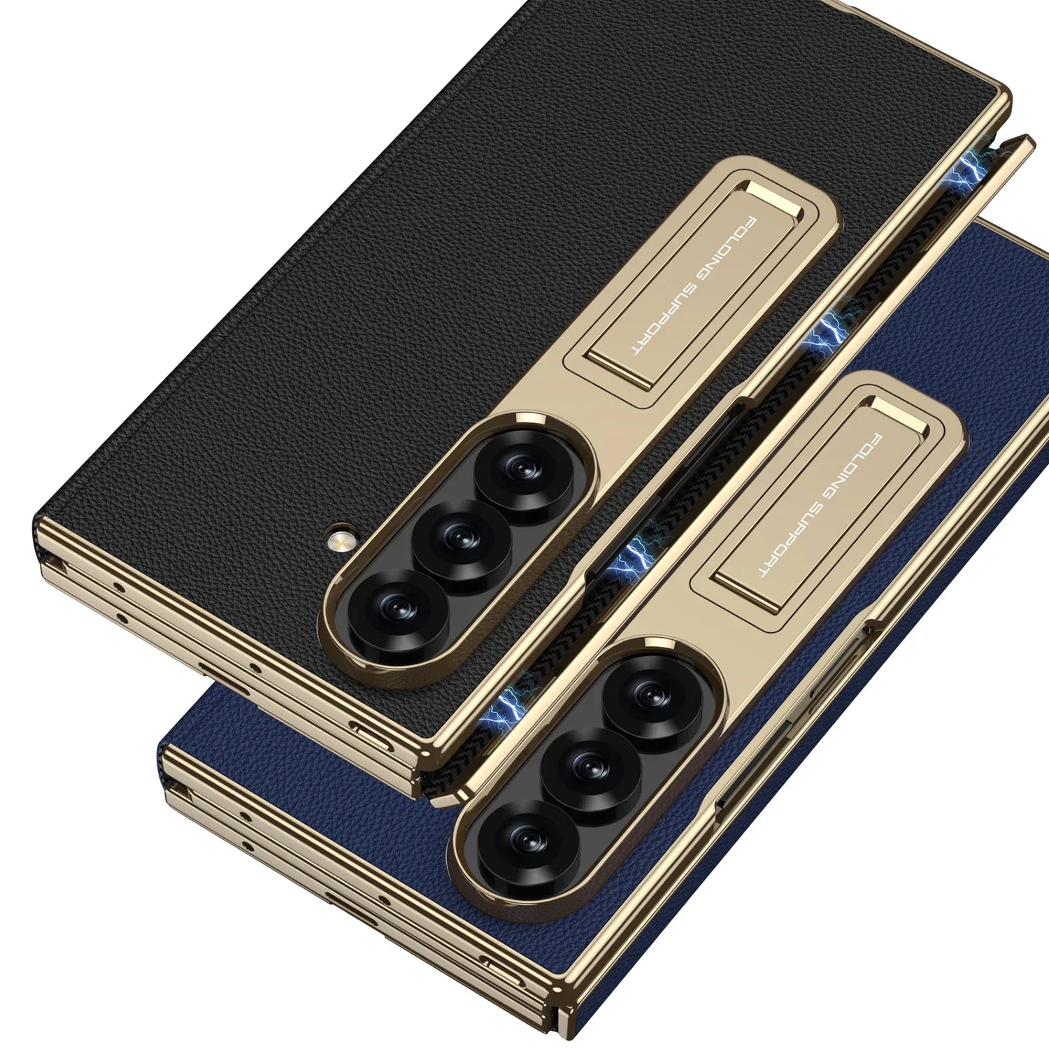 Electroplated Leather Golden Sides Back Cover with Stand Holder Phone