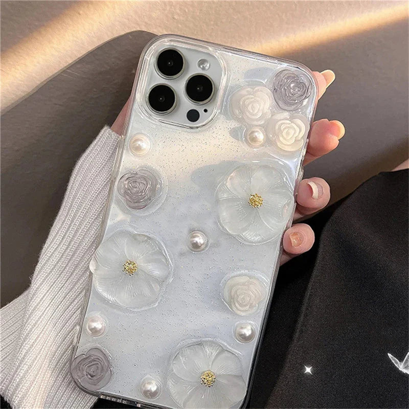 Luxury 3D Rose Flower Pearl Glitter Soft Case for iPhone