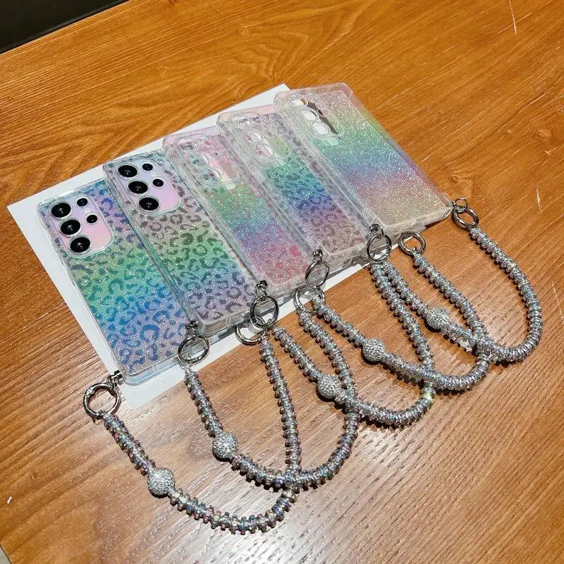 Gril's Leopard Pattern Gradient Glitter TPU Lanyard Case for Samsung Galaxy