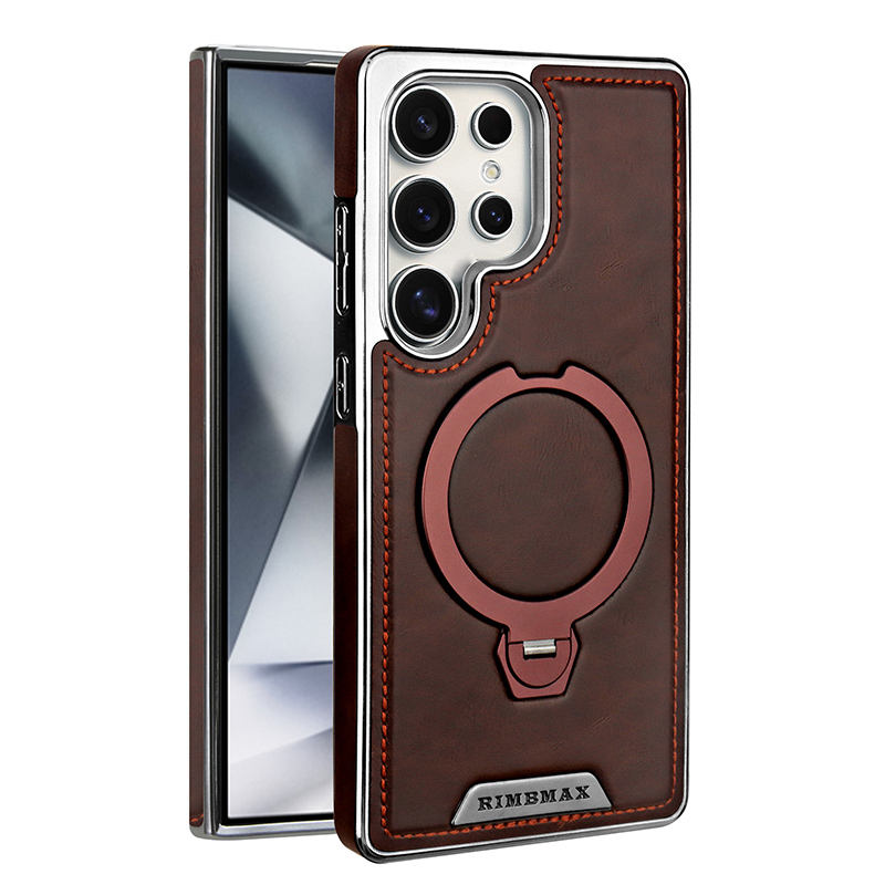 Plating PU Leather Samsung Case – Magnetic with 360° Metal Ring Stand