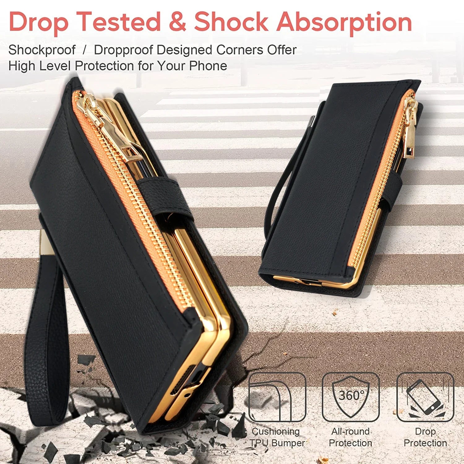 Zipper PU Leather Wallet Card Slots With Pen Solt Stand Case