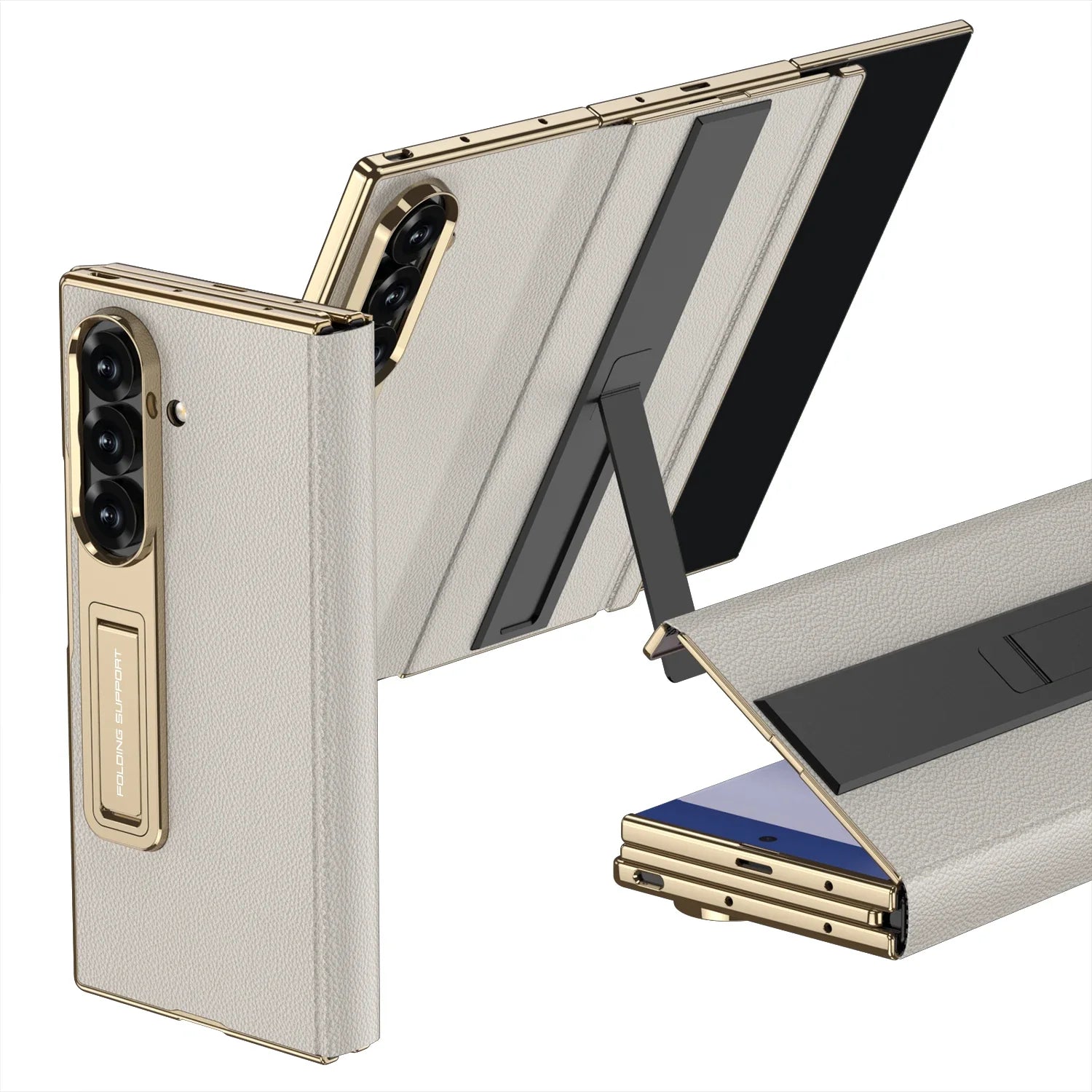 Electroplated Leather Golden Sides Back Cover with Stand Holder Phone