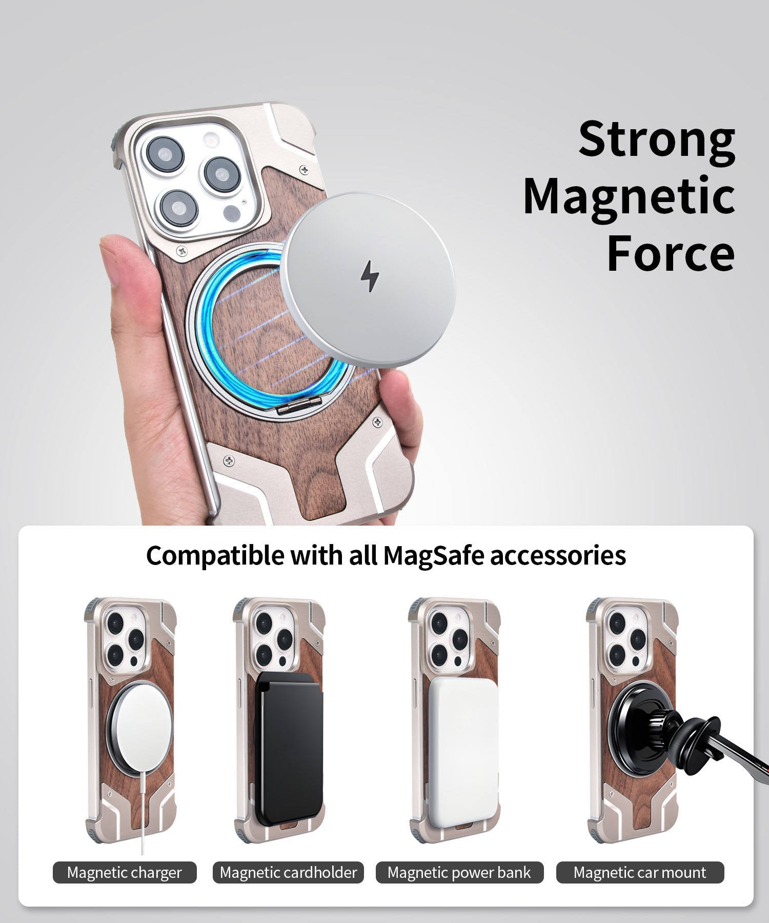Luxury Aluminum Alloy Bumper with Real Walnut Wood Magnetic Stand Case for iPhone