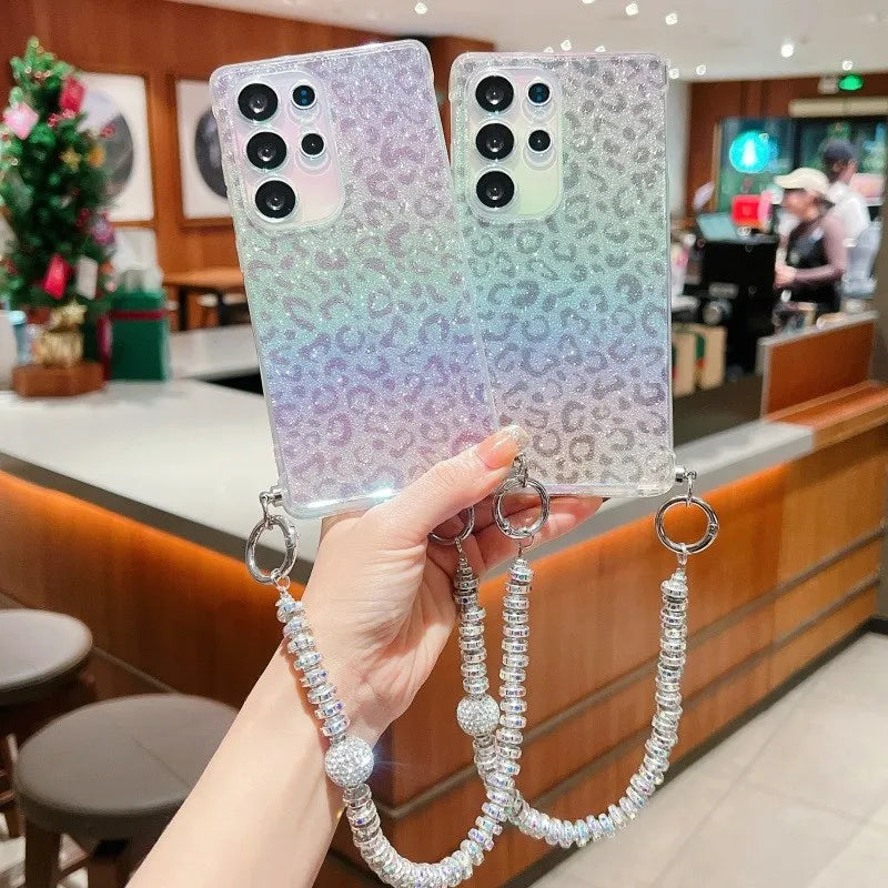 Gril's Leopard Pattern Gradient Glitter TPU Lanyard Case for Samsung Galaxy