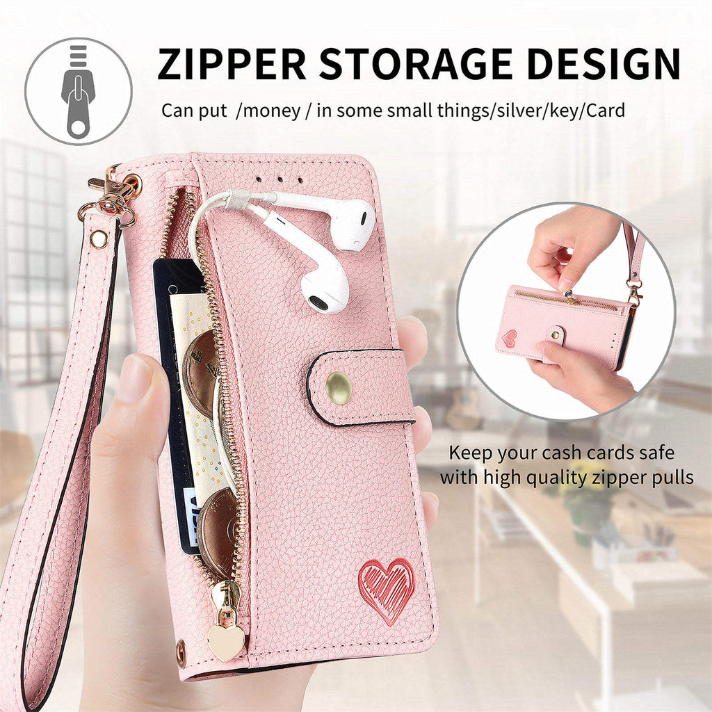 Luxury Heart Design Flip Leather Wallet Case for Girls – Card Holder & Book Style Cover for Mobile Phone
