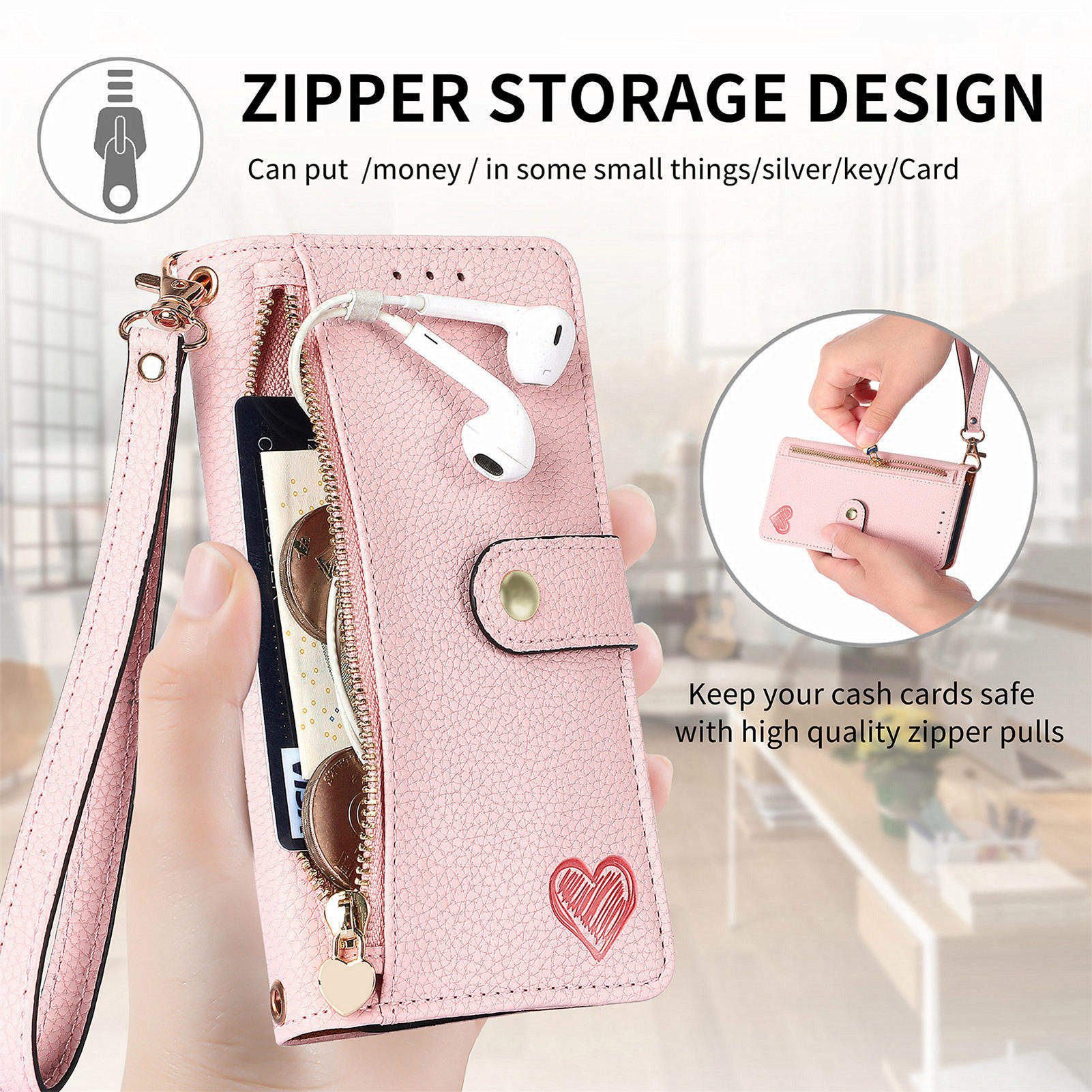 Luxury Heart Design Flip Leather Wallet Case for Girls – Card Holder & Book Style Cover for Mobile Phone