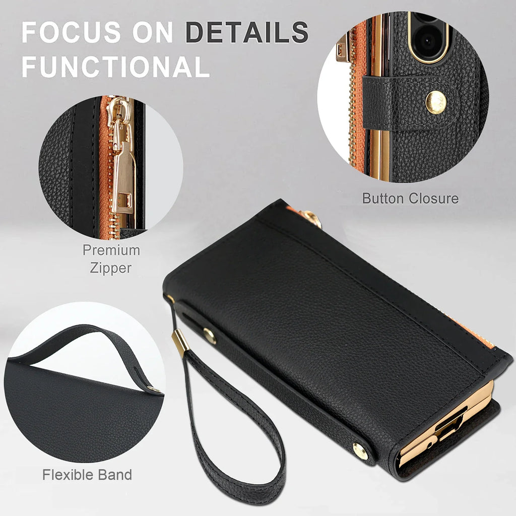 Zipper PU Leather Wallet Card Slots With Pen Solt Stand Case