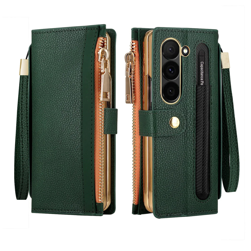 Zipper PU Leather Wallet Card Slots With Pen Solt Stand Case