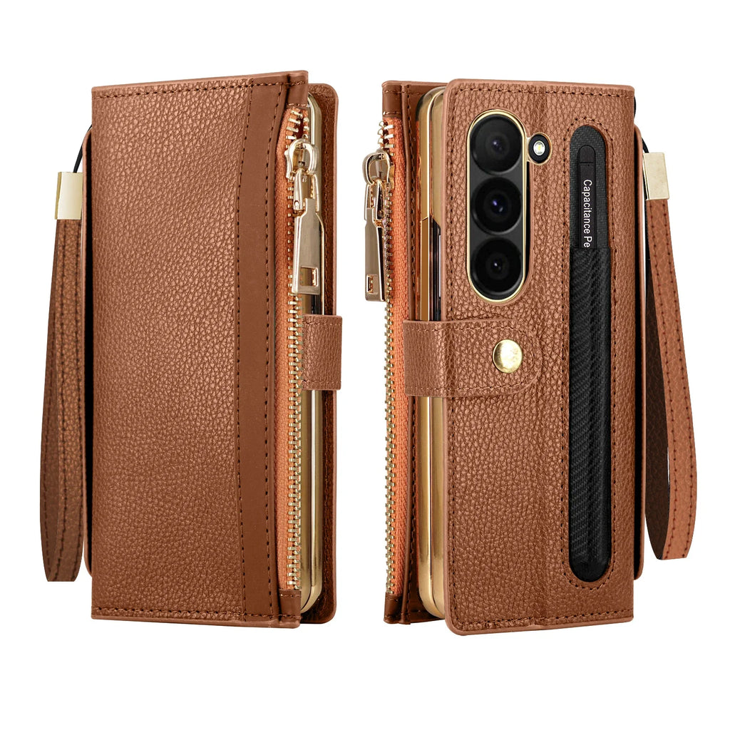 Zipper PU Leather Wallet Card Slots With Pen Solt Stand Case