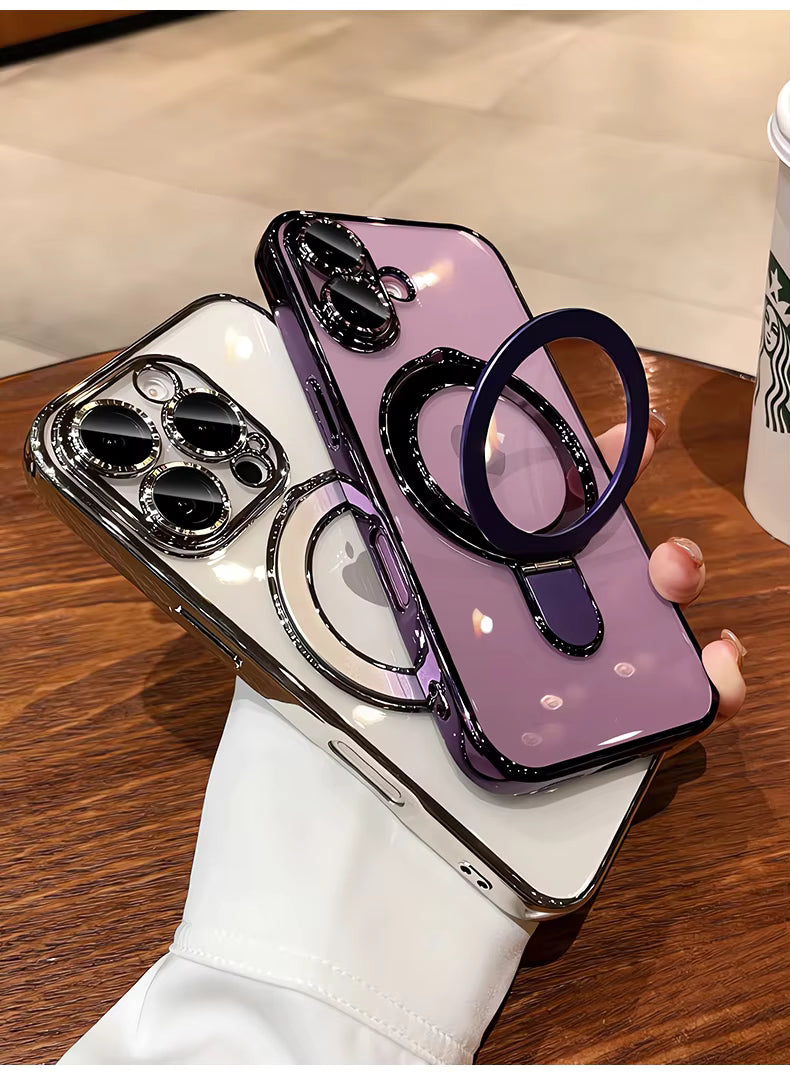 EliteShield LuxGrip Electroplated Frame Clear TPU Case with Metal Ring Holder for iPhone