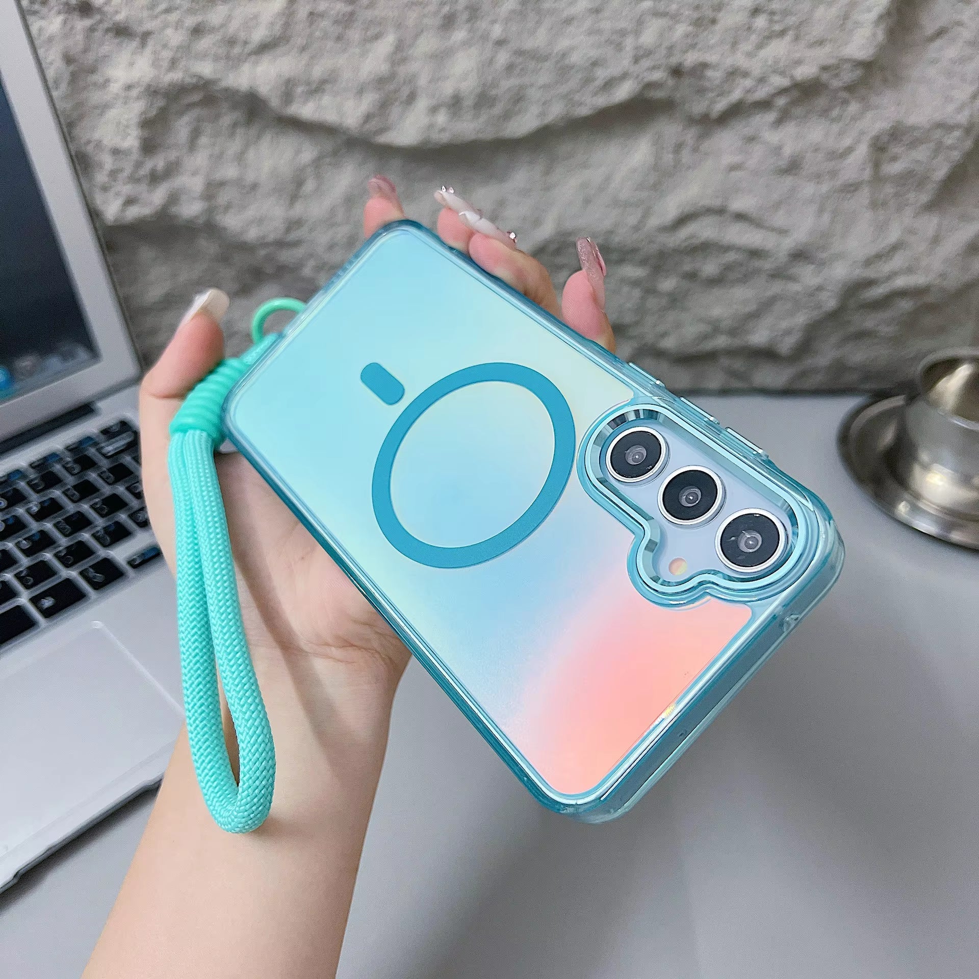 Stylish Gradient Laser Back Cover Magnetic Stand Wrist Strap for Samsung