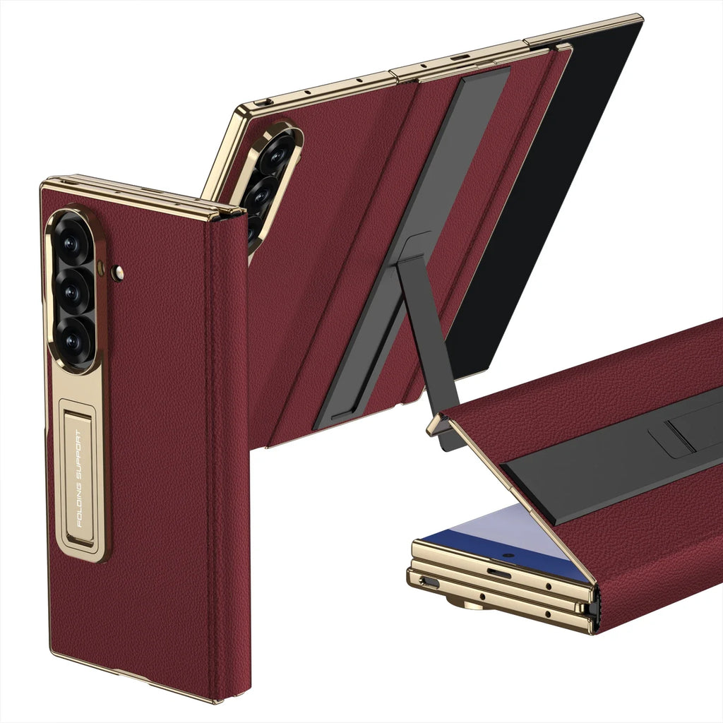 Electroplated Leather Golden Sides Back Cover with Stand Holder Phone