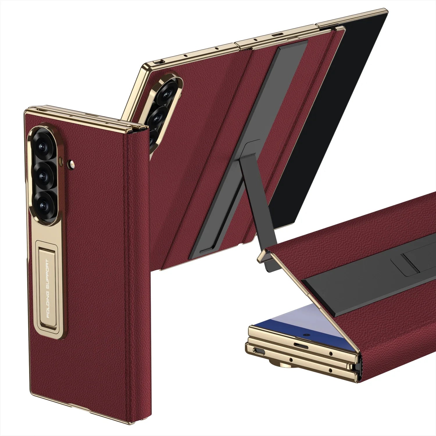 Electroplated Leather Golden Sides Back Cover with Stand Holder Phone