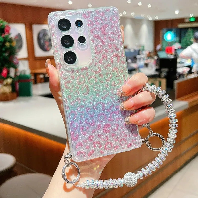 Gril's Leopard Pattern Gradient Glitter TPU Lanyard Case for Samsung Galaxy
