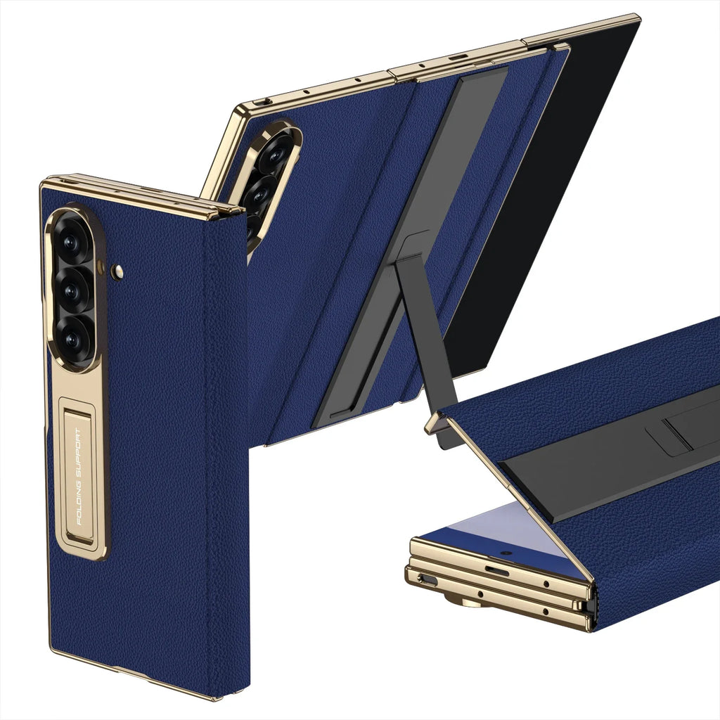 Electroplated Leather Golden Sides Back Cover with Stand Holder Phone