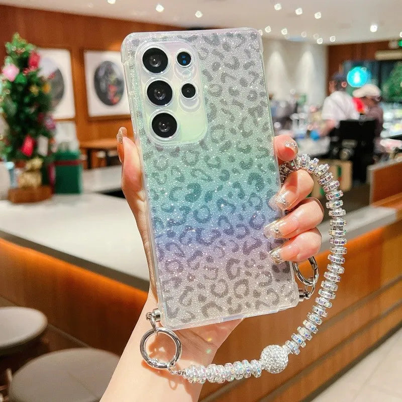 Gril's Leopard Pattern Gradient Glitter TPU Lanyard Case for Samsung Galaxy