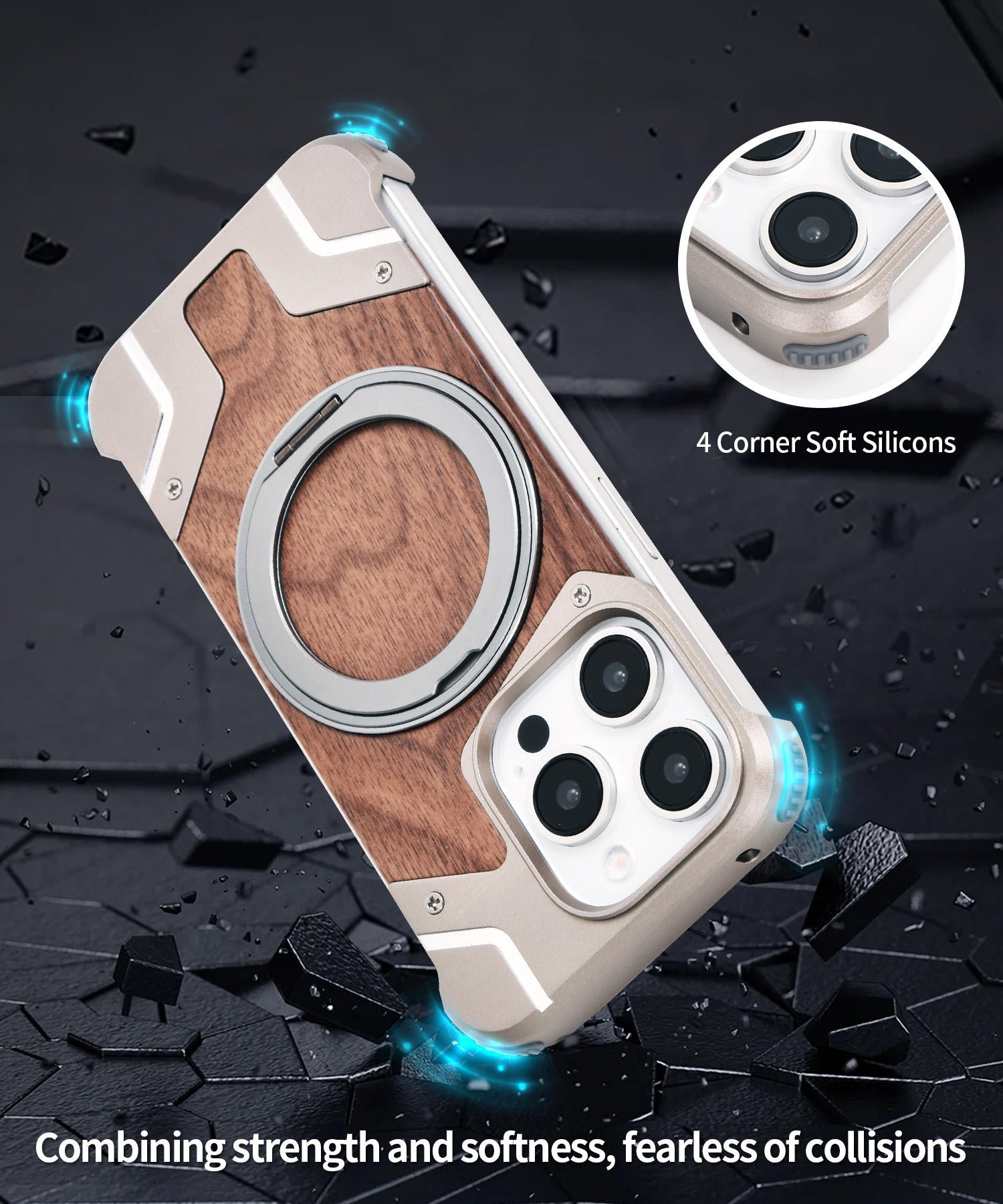 Luxury Aluminum Alloy Bumper with Real Walnut Wood Magnetic Stand Case for iPhone
