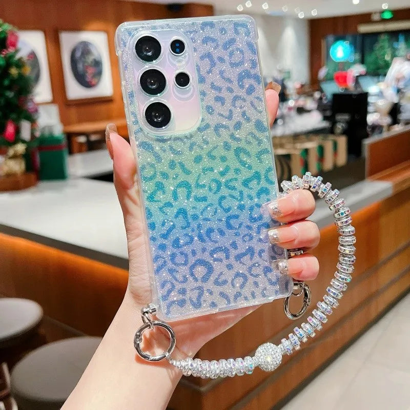 Gril's Leopard Pattern Gradient Glitter TPU Lanyard Case for Samsung Galaxy