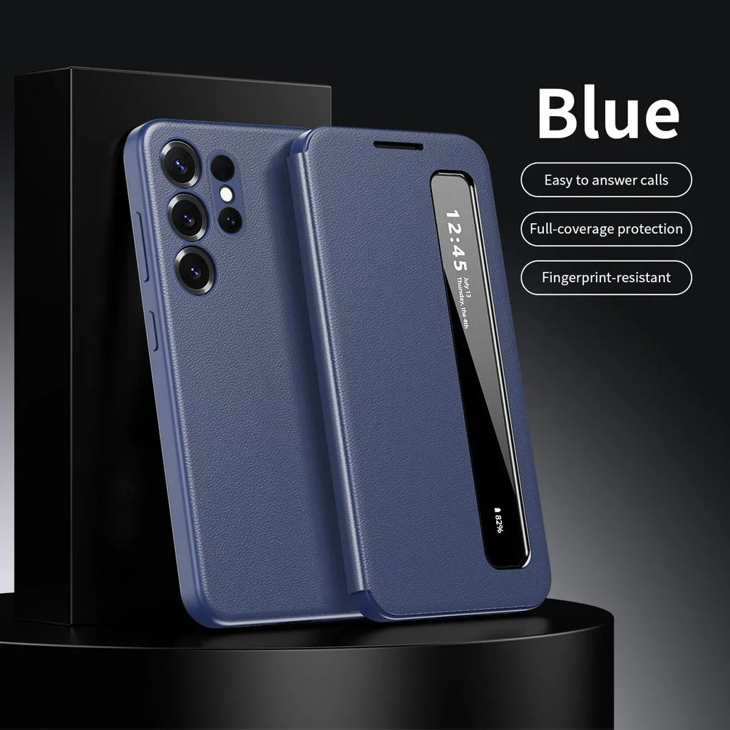 Smart Hibernation Side Window Drop-Proof Magnetic Screen Cover No Flip Answering Calls Leather Case for Samsung