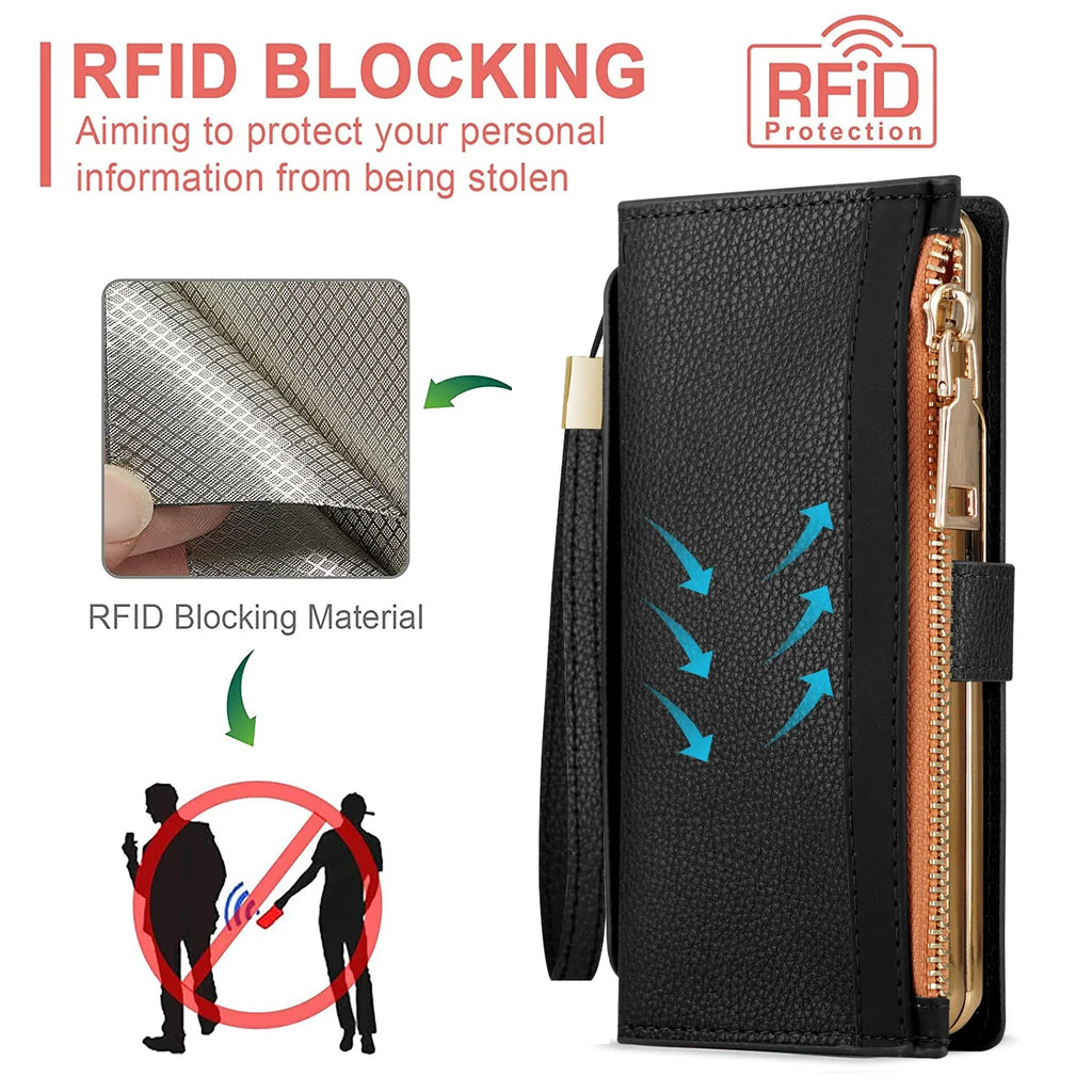 Zipper PU Leather Wallet Card Slots With Pen Solt Stand Case