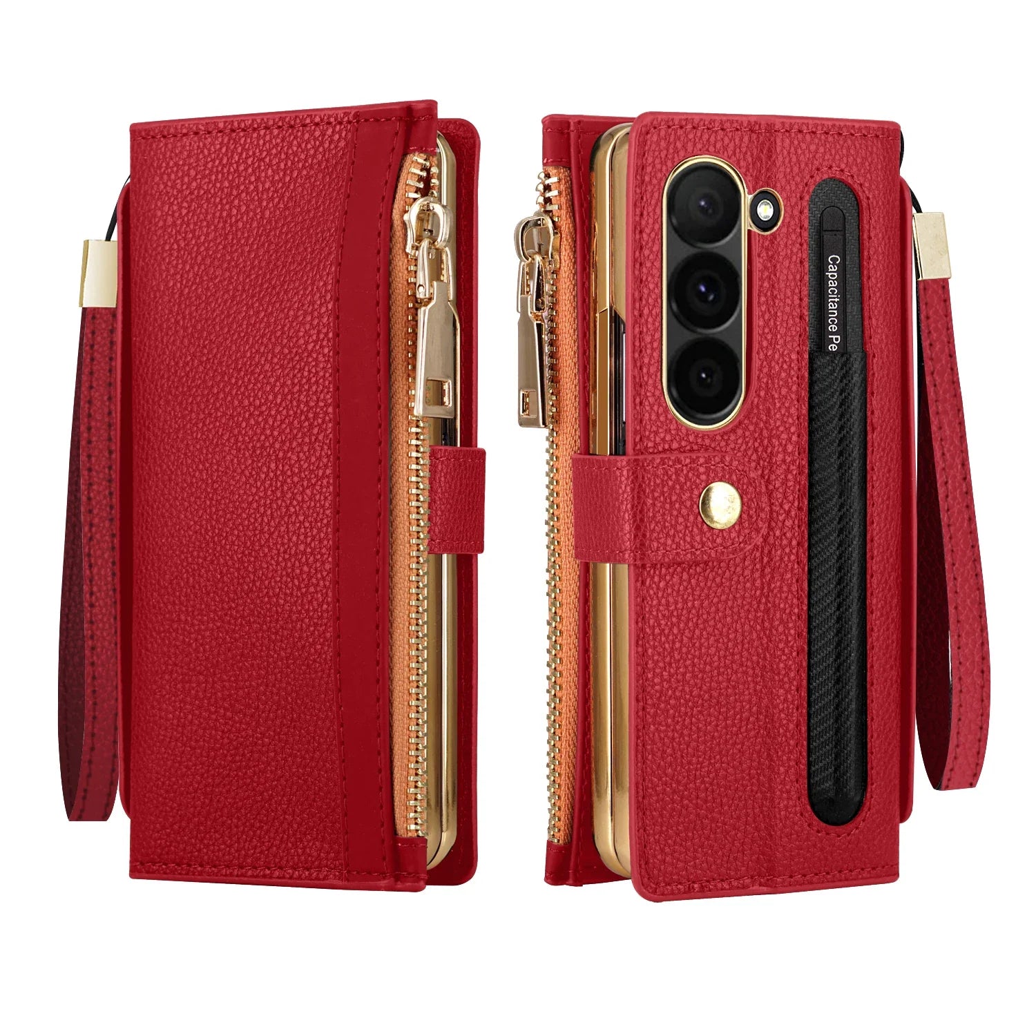 Zipper PU Leather Wallet Card Slots With Pen Solt Stand Case