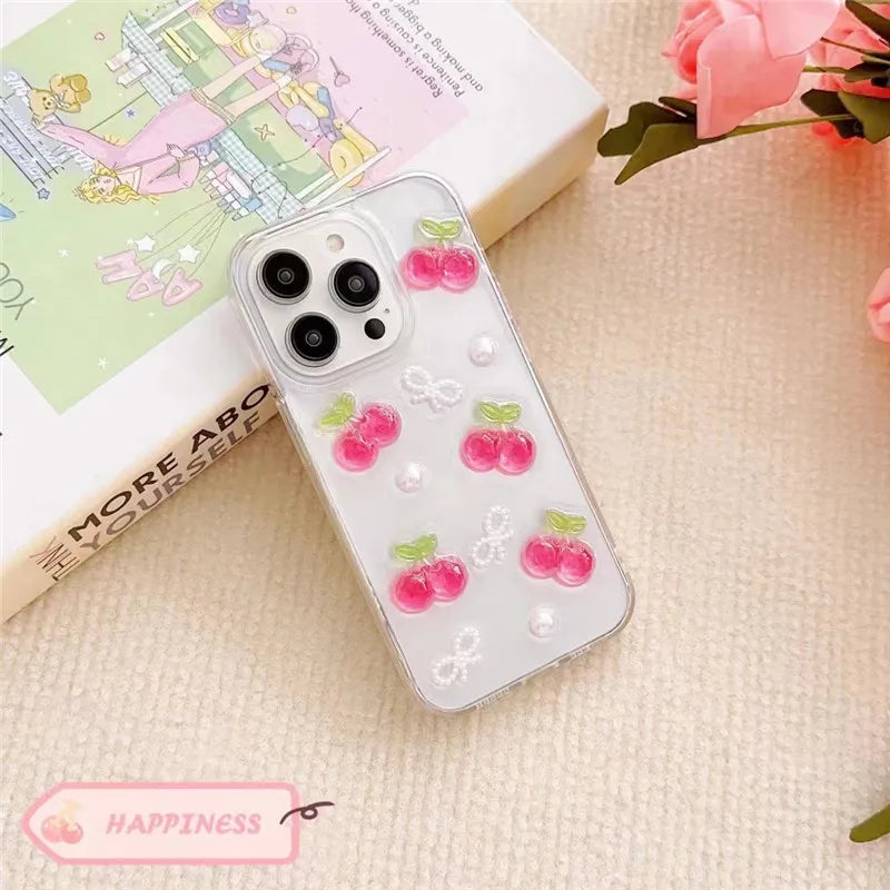 3D Cherry iPhone Case with Butterfly & Pearl Design