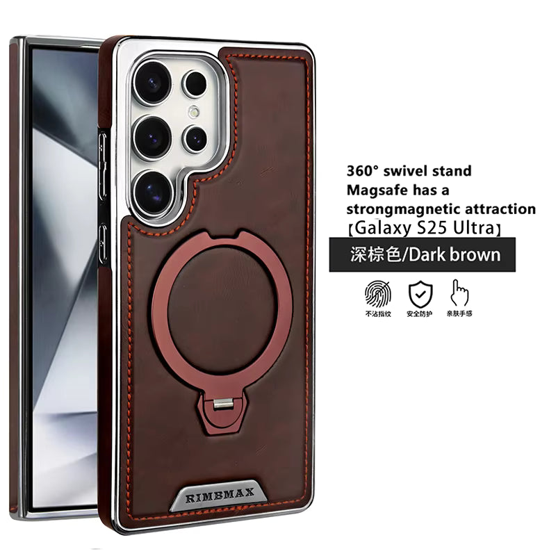 Plating PU Leather Samsung Case – Magnetic with 360° Metal Ring Stand